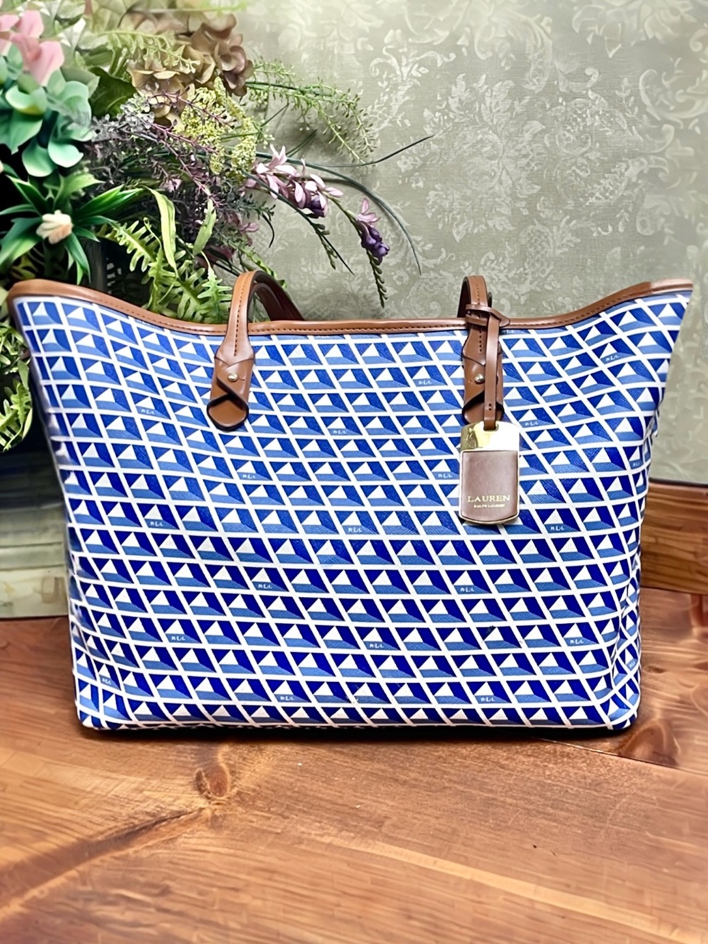 Lauren Ralph Lauren Blue Signature Triangle Logo Tote Bag Coastal Preppy Travel